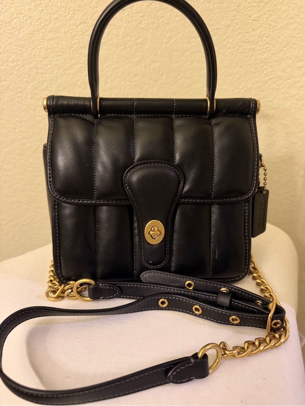 COACH Black Quilted Leather Top-Handle Bag with Gold Hardware